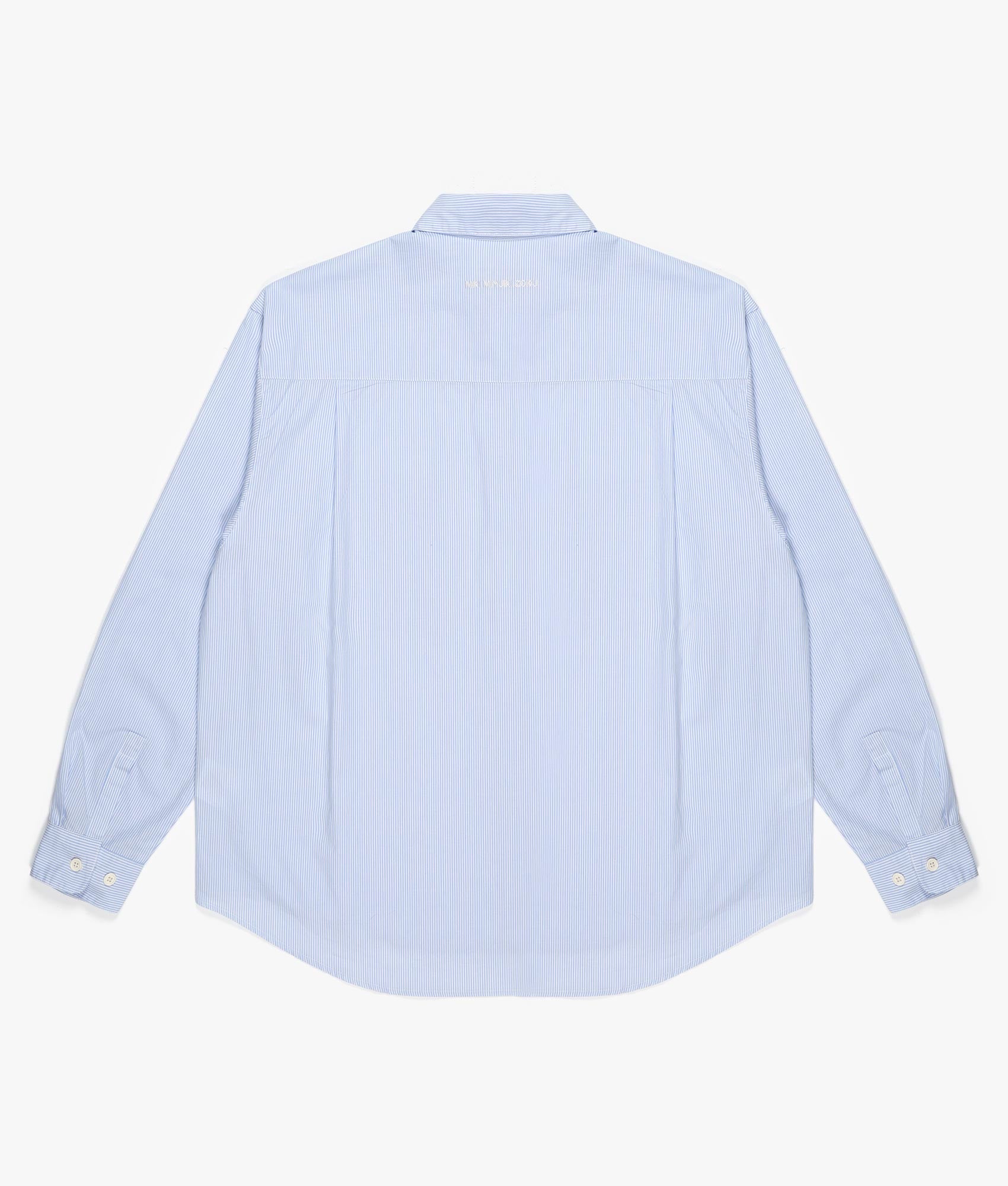 Oversized Striped Dress Shirt in Blue by MKI MIYUKI ZOKU. EQVVS Back Flat Shot.
