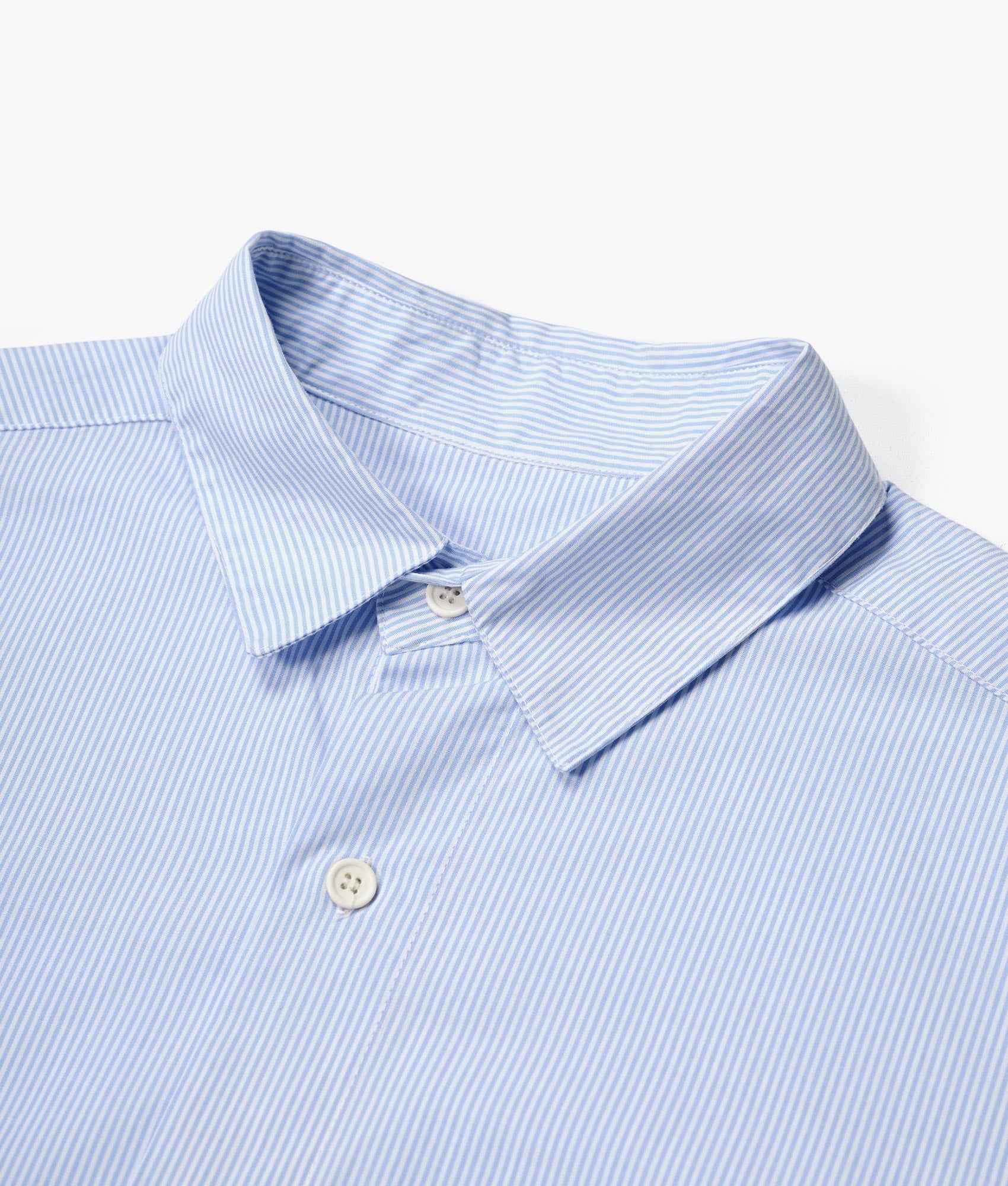 Oversized Striped Dress Shirt in Blue by MKI MIYUKI ZOKU. EQVVS Detail Shot.