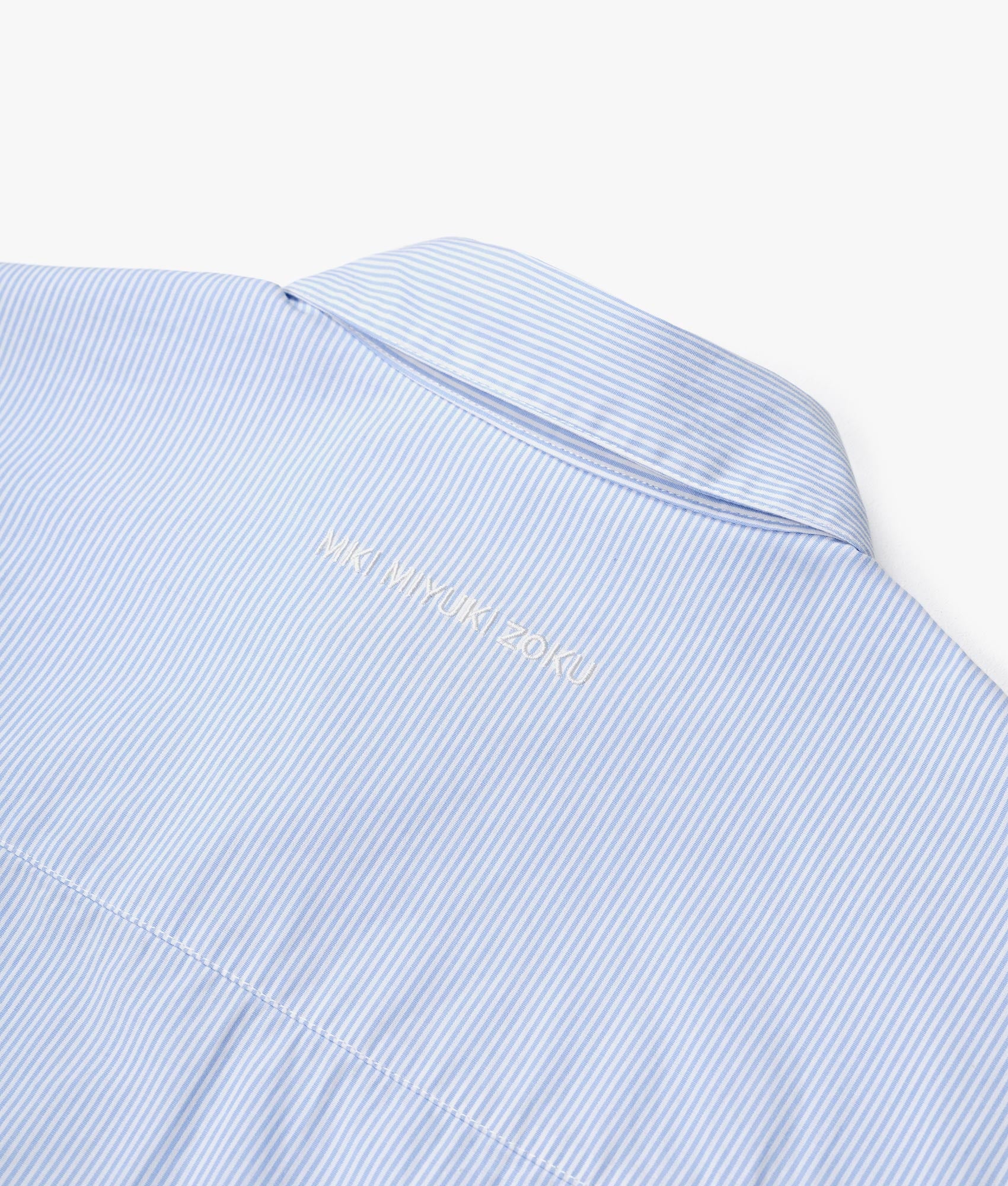 Oversized Striped Dress Shirt in Blue by MKI MIYUKI ZOKU. EQVVS Detail Shot.