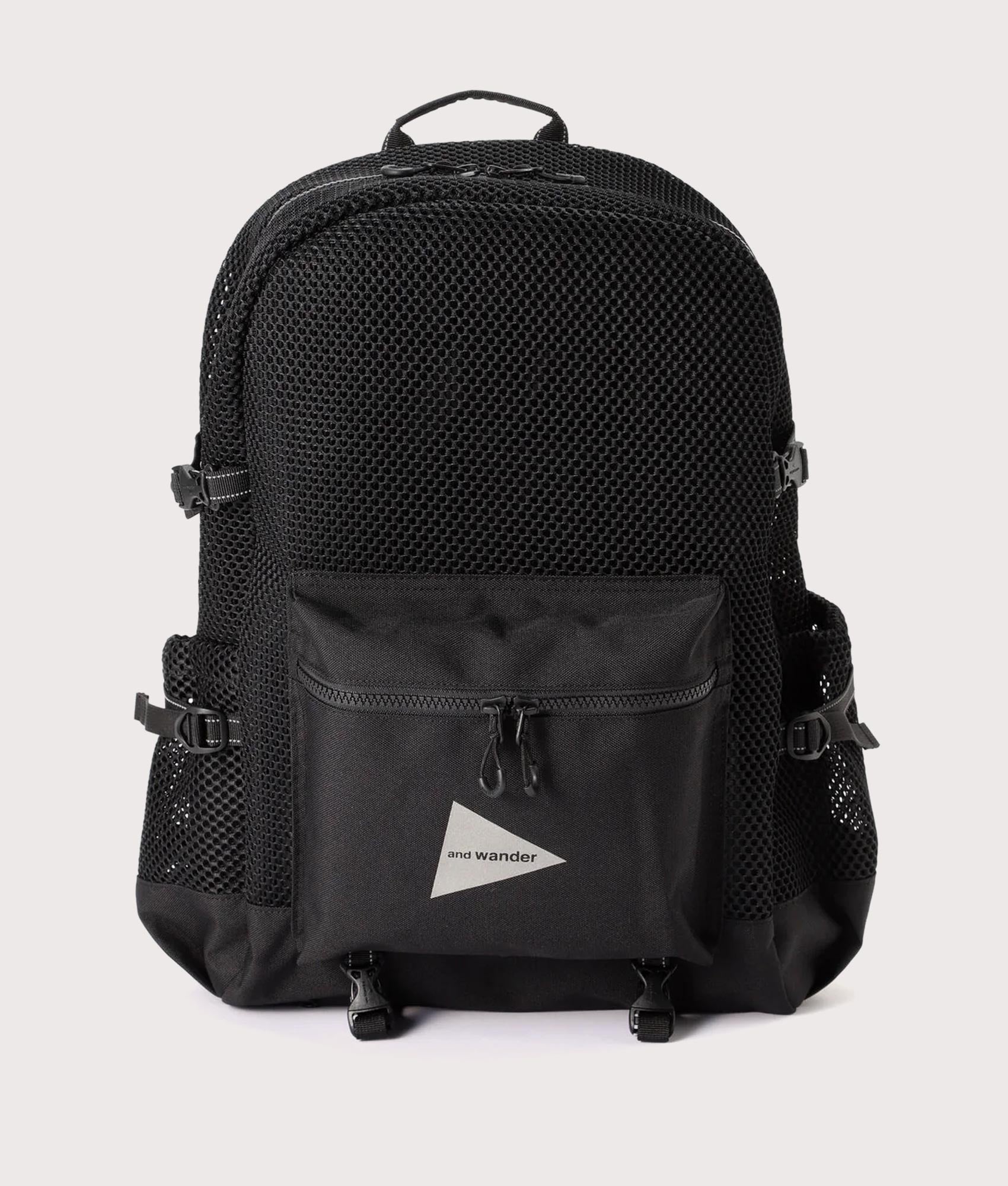 and wander 3D Mesh Backpack in Black at EQVVS Menswear. Front shot.