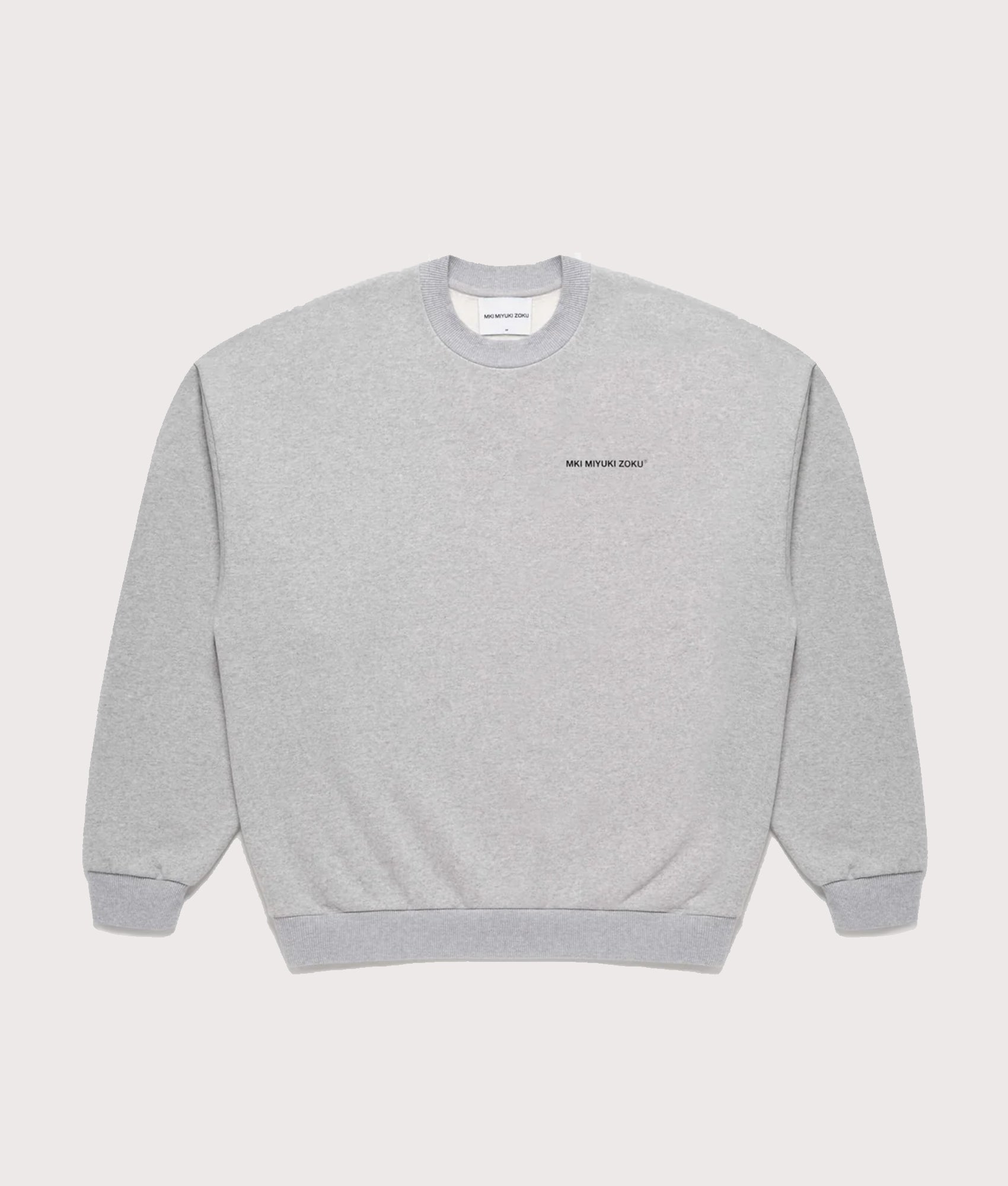 MKI MIYUKI ZOKU Oversized Uniform Crewneck Sweatshirt in grey at EQVVS Menswear. Front shot.