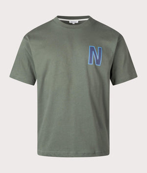 Norse Projects Simon Loose Organic Heavy Jersey Large N T-Shirt in 8022 Spruce Green front shot at EQVVS