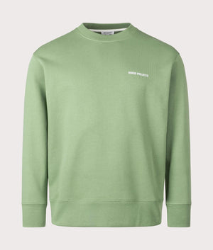Norse Projects Relaxed Fit Arne Relaxed Organic Logo Sweatshirt in 8124 Linden Green front shot at EQVVS