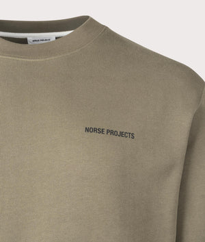 Norse Projects Arne Relaxed Organic Logo Sweatshirt in 8076 Sediment Green detail shot at EQVVS