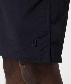 Hauge Recycled Nylon Swimmers in Navy by Norse Projects. EQVVS Detail Shot.