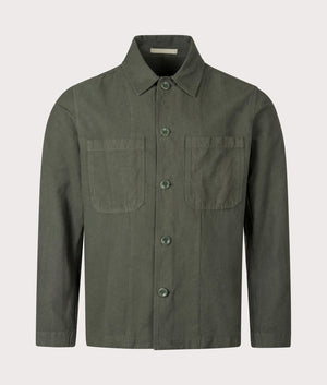 Norse Projects Tyge Cotton Linen Overshirt in 8022 Spruce Green front shot at EQVVS