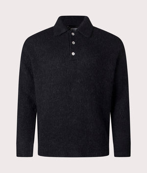 Norse Projects Relaxed Fit Rasmus Brushed Polo Shirt in Black at EQVVS Menswear. Front shot.
