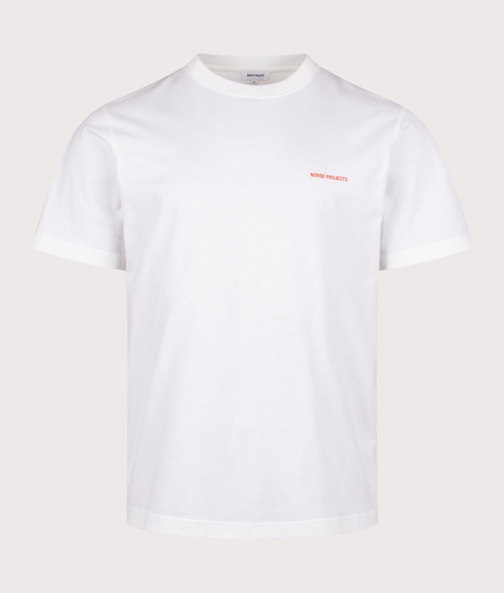 Relaxed Fit Johannes Organic NORSE Logo Print T-Shirt by Norse Projects in White. Shot by EQVVS. Front shot.
