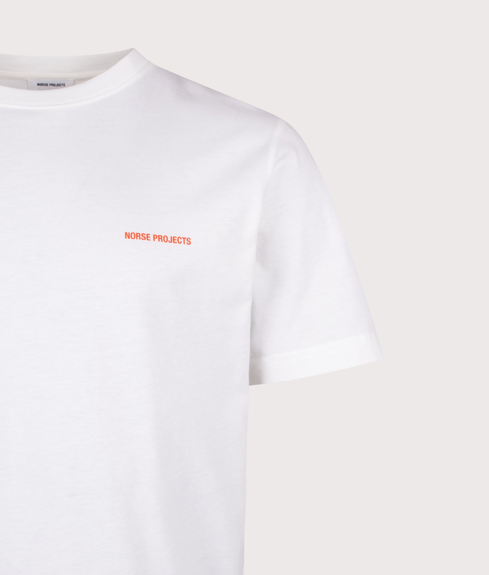 Relaxed Fit Johannes Organic NORSE Logo Print T-Shirt by Norse Projects in White. Shot by EQVVS. Detail shot.