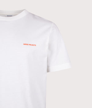 Relaxed Fit Johannes Organic NORSE Logo Print T-Shirt by Norse Projects in White. Shot by EQVVS. Detail shot.