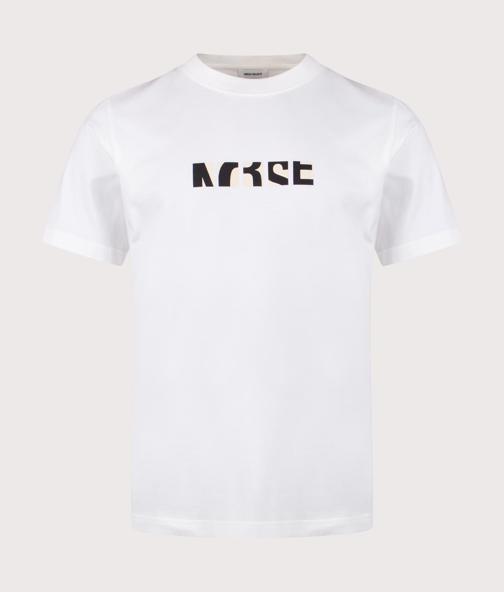 Norse Projects Johannes Organic Zoom Print T-Shirt in White. Shot at EQVVS. Front shot. 