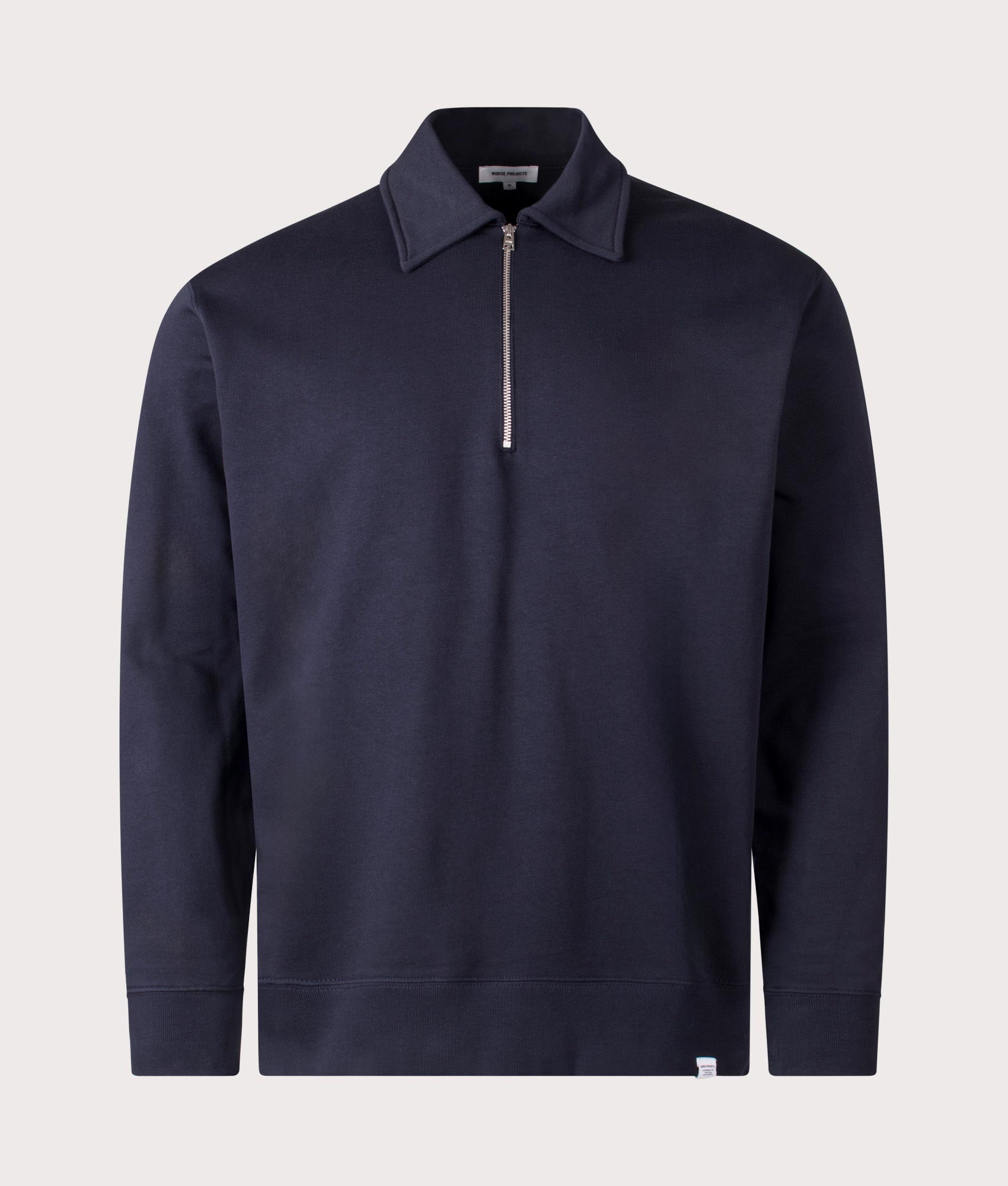 Universal Works, Relaxed Fit Ketel NORSE Logo Quarter Zip Sweatshirt, Dark Navy, Eqvvs Menswear, front shot angle