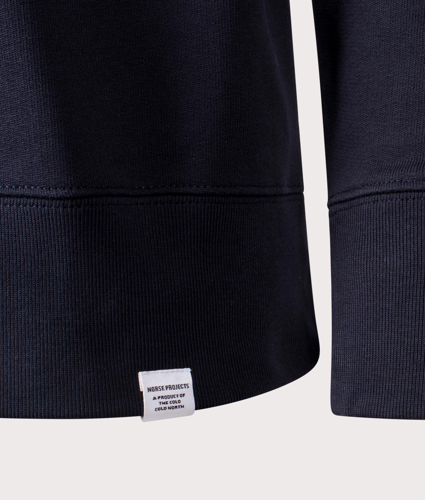 Universal Works, Relaxed Fit Ketel NORSE Logo Quarter Zip Sweatshirt, Dark Navy, Eqvvs Menswear, detailed shot angle