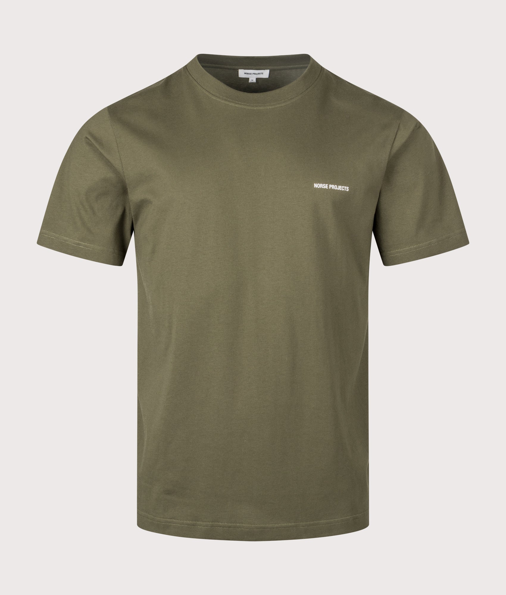 Johannes Organic Norse Logo Print T-shirt by Norse Projects in Olive. Shot by EQVVS. Front shot.