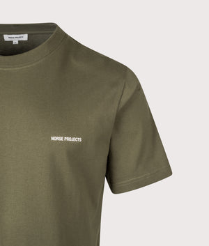 Johannes Organic Norse Logo Print T-shirt by Norse Projects in Olive. Shot by EQVVS. Detail shot.