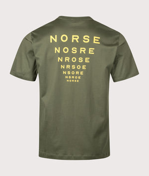 Holger Organic Optic Print T-shirt by Norse Projects in Olive Night. Shot by EQVVS. Back shot.