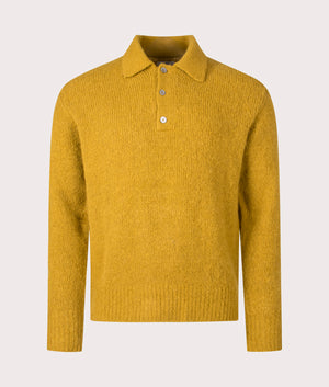 Norse Projects Relaxed Fit Rasmus Brushed Polo Shirt in Warm Yellow at EQVVS Menswear. Front shot.