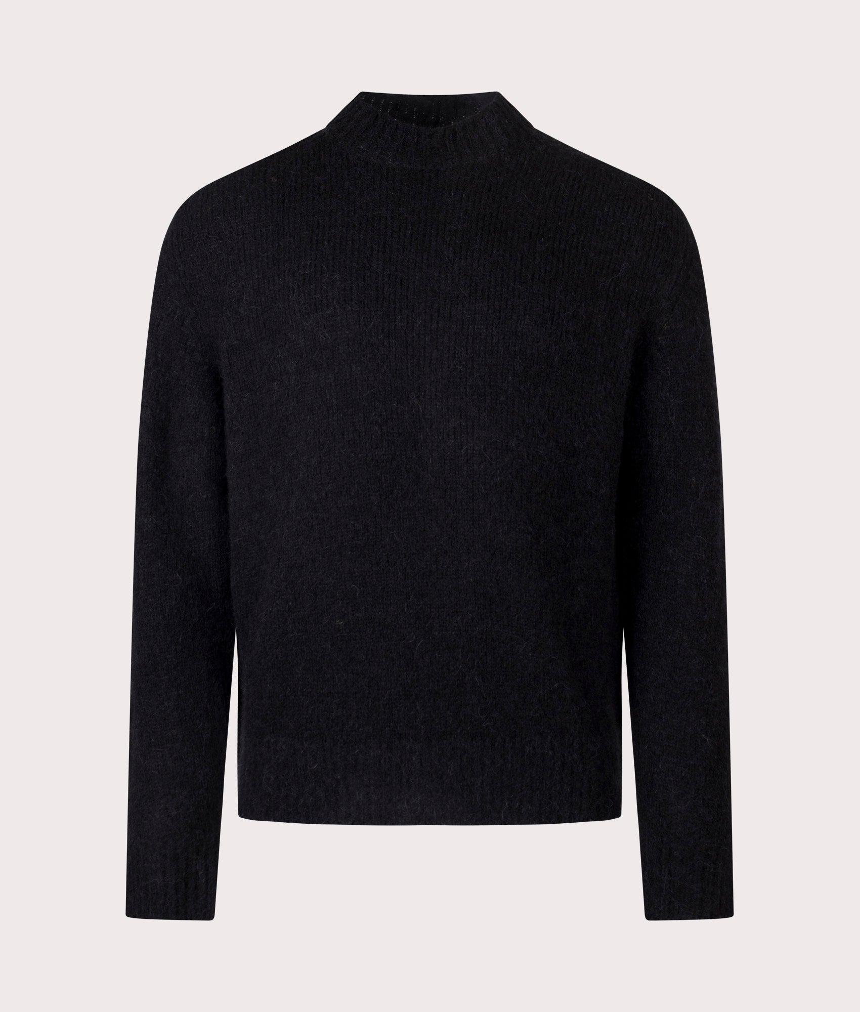 Norse Projects Relaxed Fit Rasmus Mock Neck Brushed Sweatshirt in black at EQVVS Menswear. Front shot.