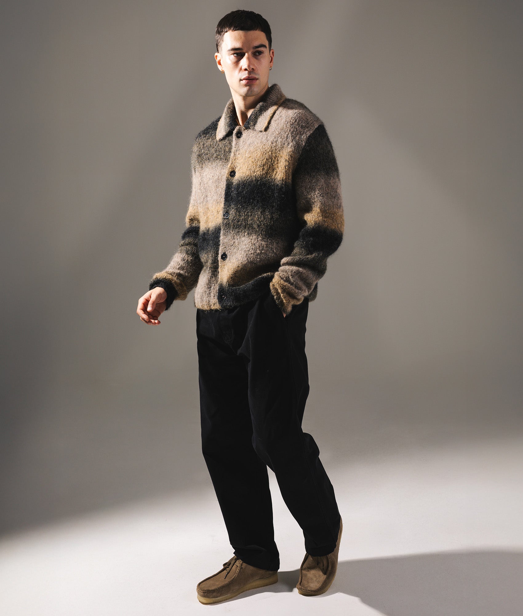 Erik Gradient Alpaca Wool Jacket by Norse Projects in Utility Khaki. Shot by EQVVS. Front model shot