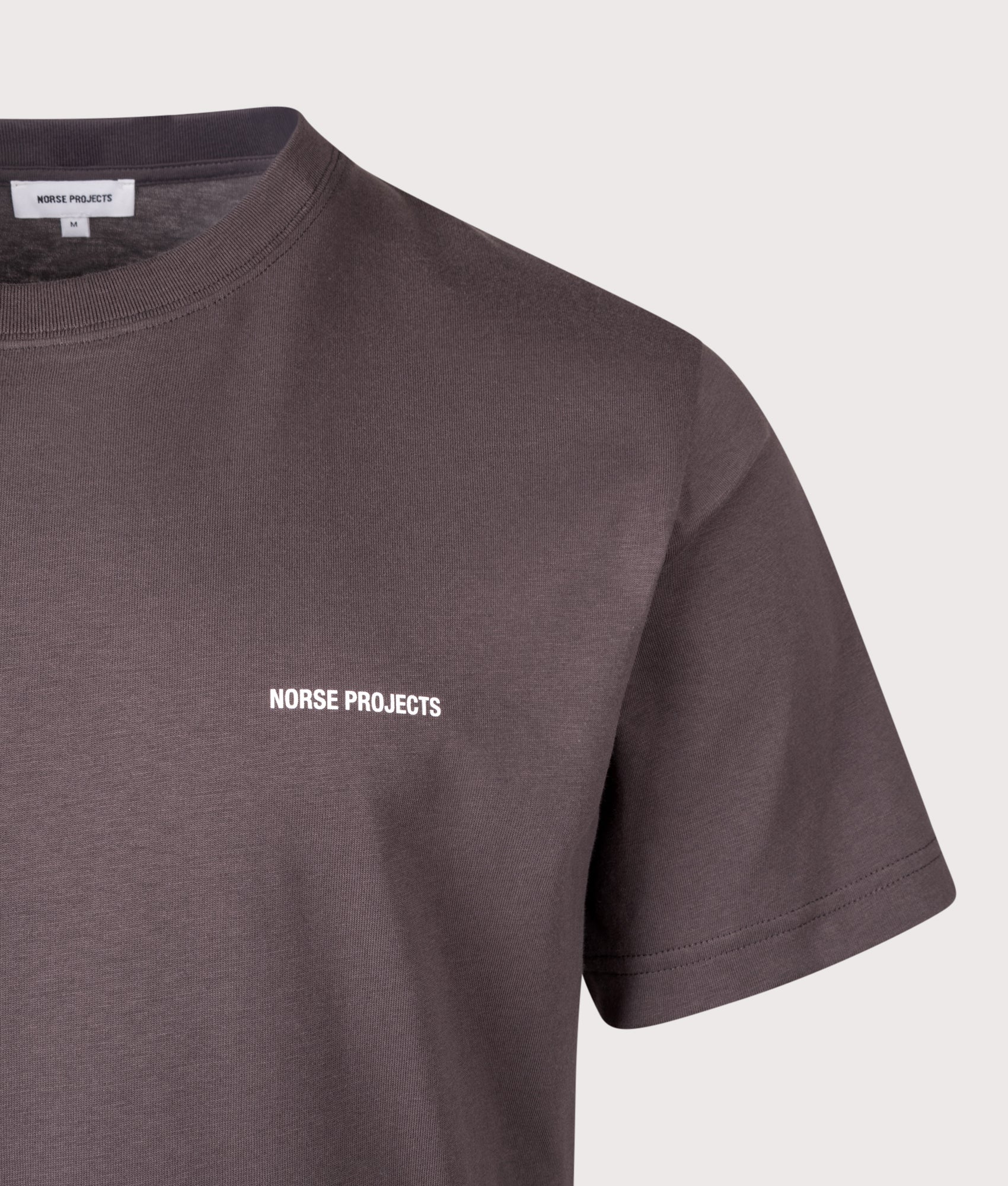 Norse Projects Dyrehaven Organic Logo Print T-Shirt in Shale at EQVVS Menswear. Detail shot.