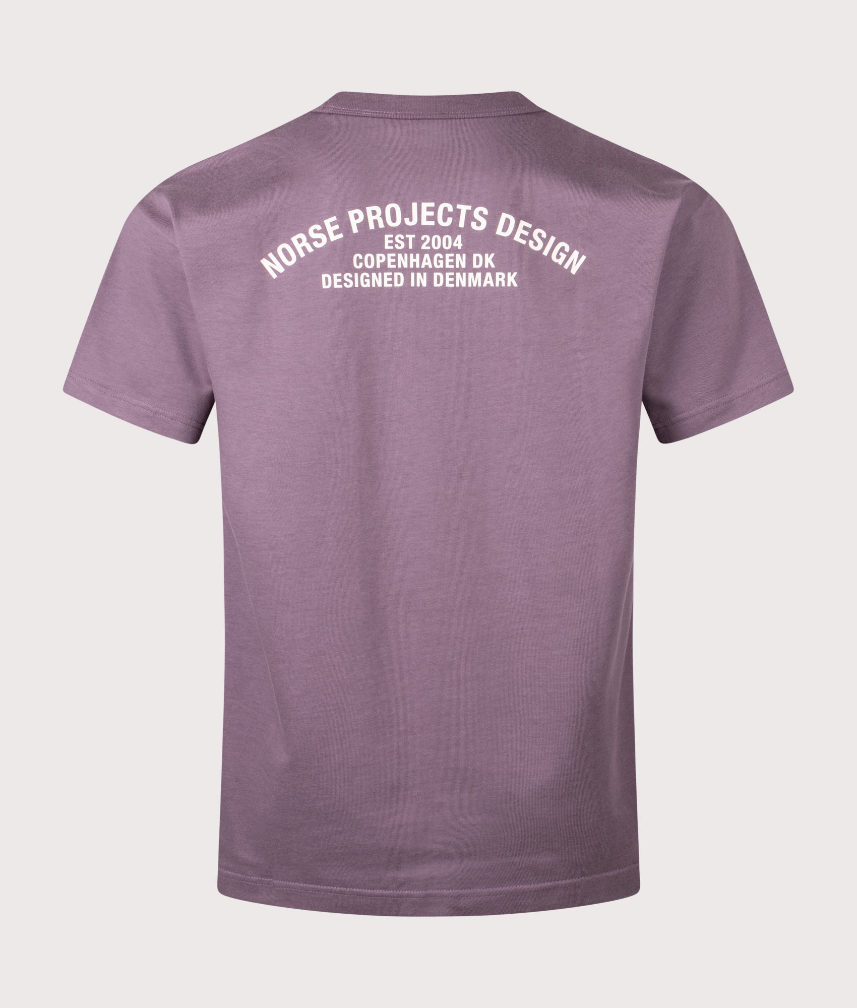 Norse Projects Snekkersten Organic Arch Print T-Shirt in Vintage Violet at EQVVS Menswear. Back shot.