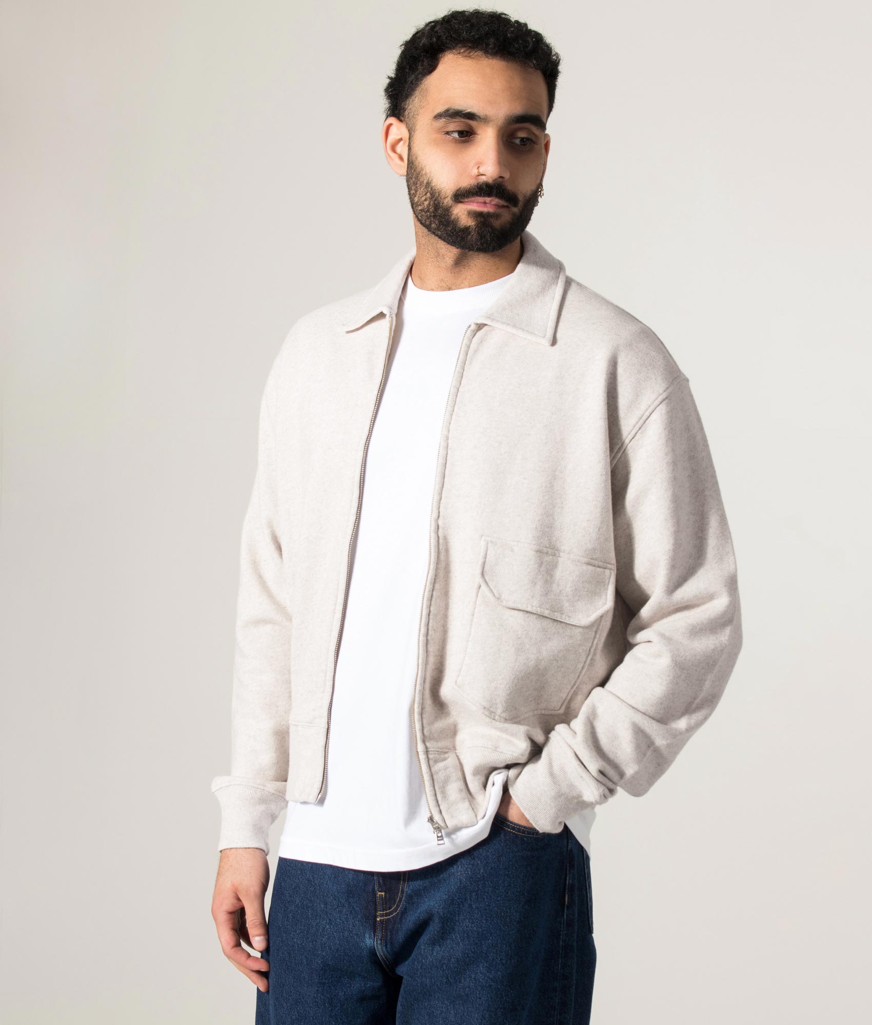 Norse Projects Fynshav Cotton Linen Loopback Overshirt in Natural at EQVVS Menswear. Model front shot.