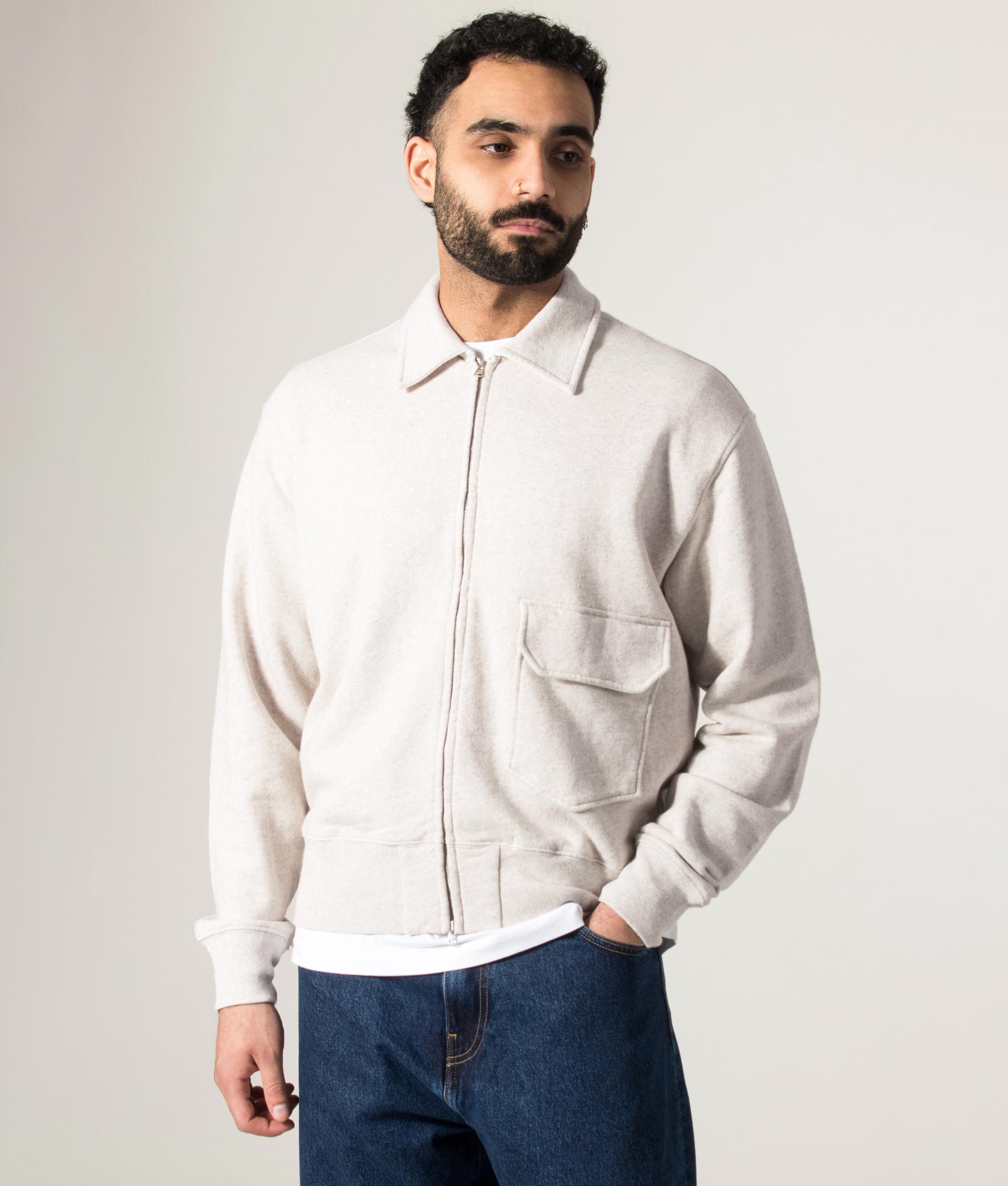 Norse Projects Fynshav Cotton Linen Loopback Overshirt in Natural at EQVVS Menswear. Model jacket closed shot.