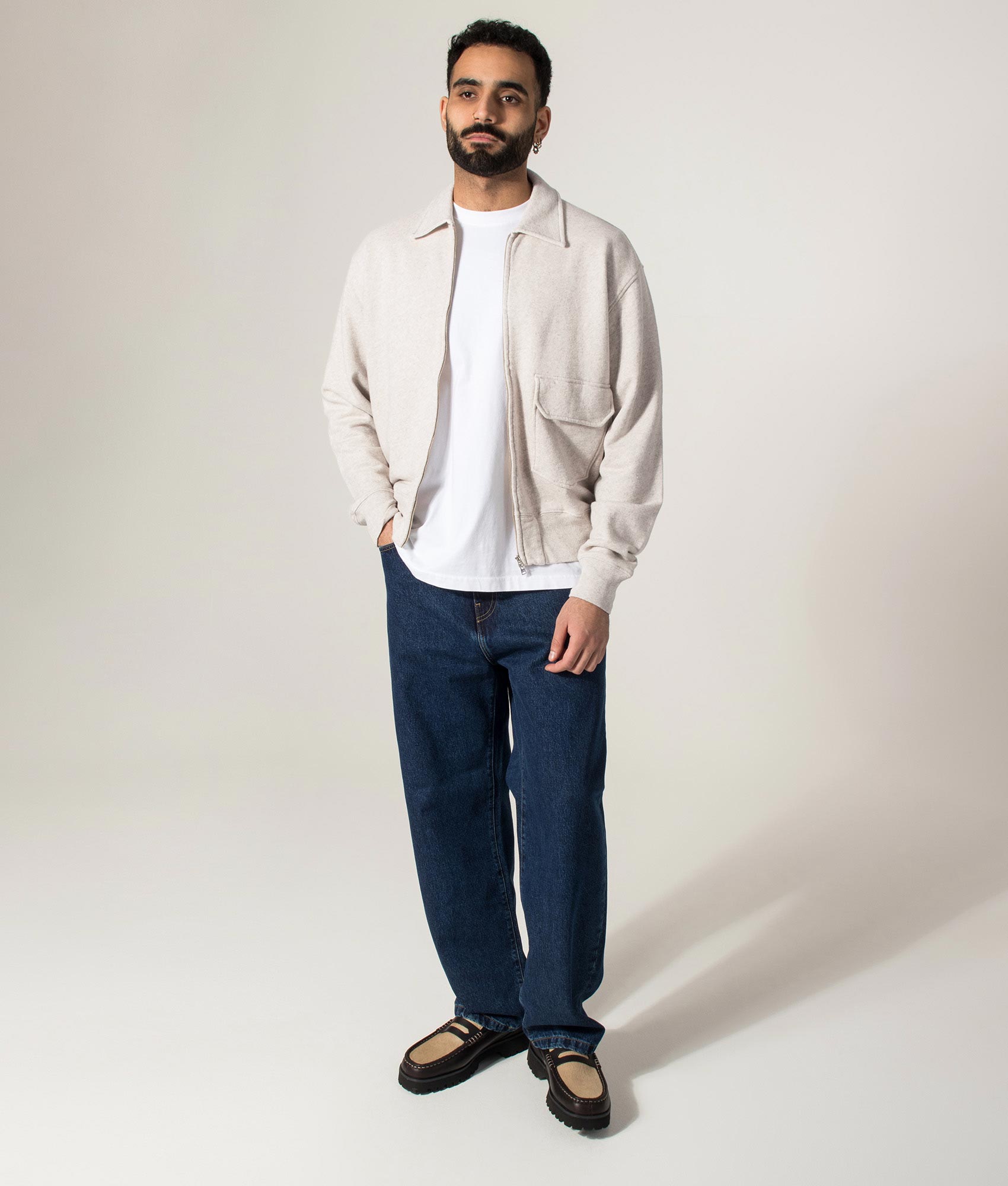 Norse Projects Fynshav Cotton Linen Loopback Overshirt in Natural at EQVVS Menswear. Model full front shot.
