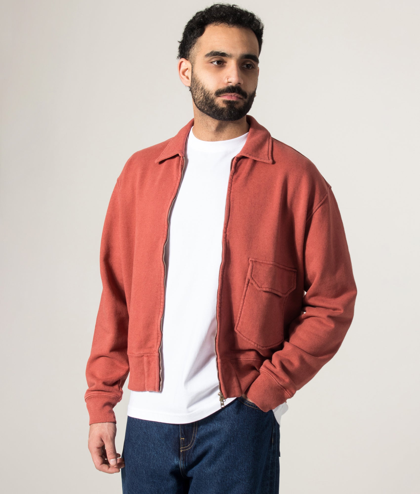 Norse Projects Fynshav Cotton Linen Loopback Overshirt in Cowhide at EQVVS Menswear. Model front shot. 