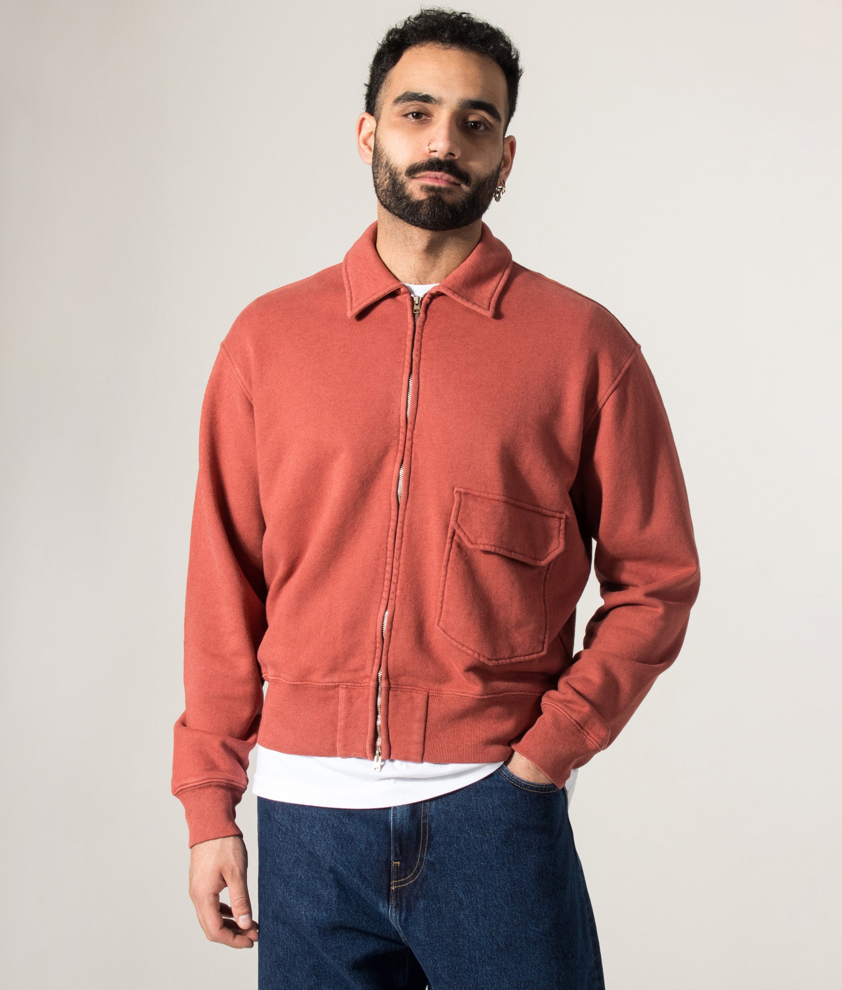 Norse Projects Fynshav Cotton Linen Loopback Overshirt in Cowhide at EQVVS Menswear. Model front shot.