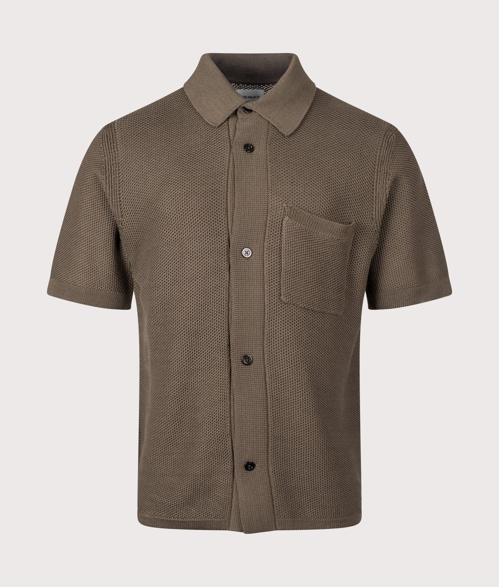 Norse Projects Fredensborg Short Sleeve Knitted Shirt in Turkisk Coffee at EQVVS Menswear. Front shot.