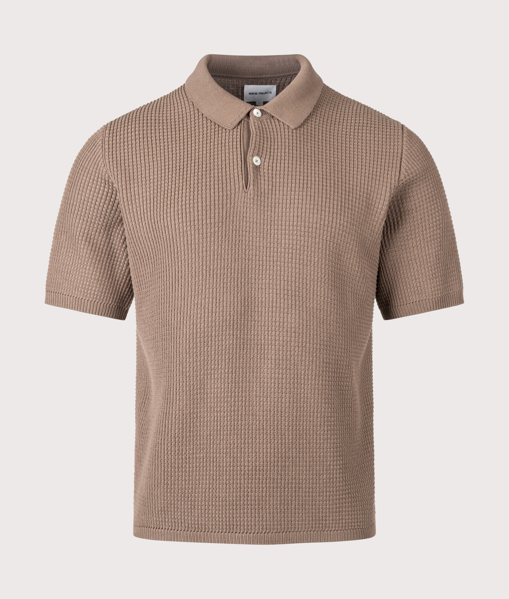 Norse Projects Anholt Cotton Crepe Polo Shirt in Walnut at EQVVS Menswear. Front shot.