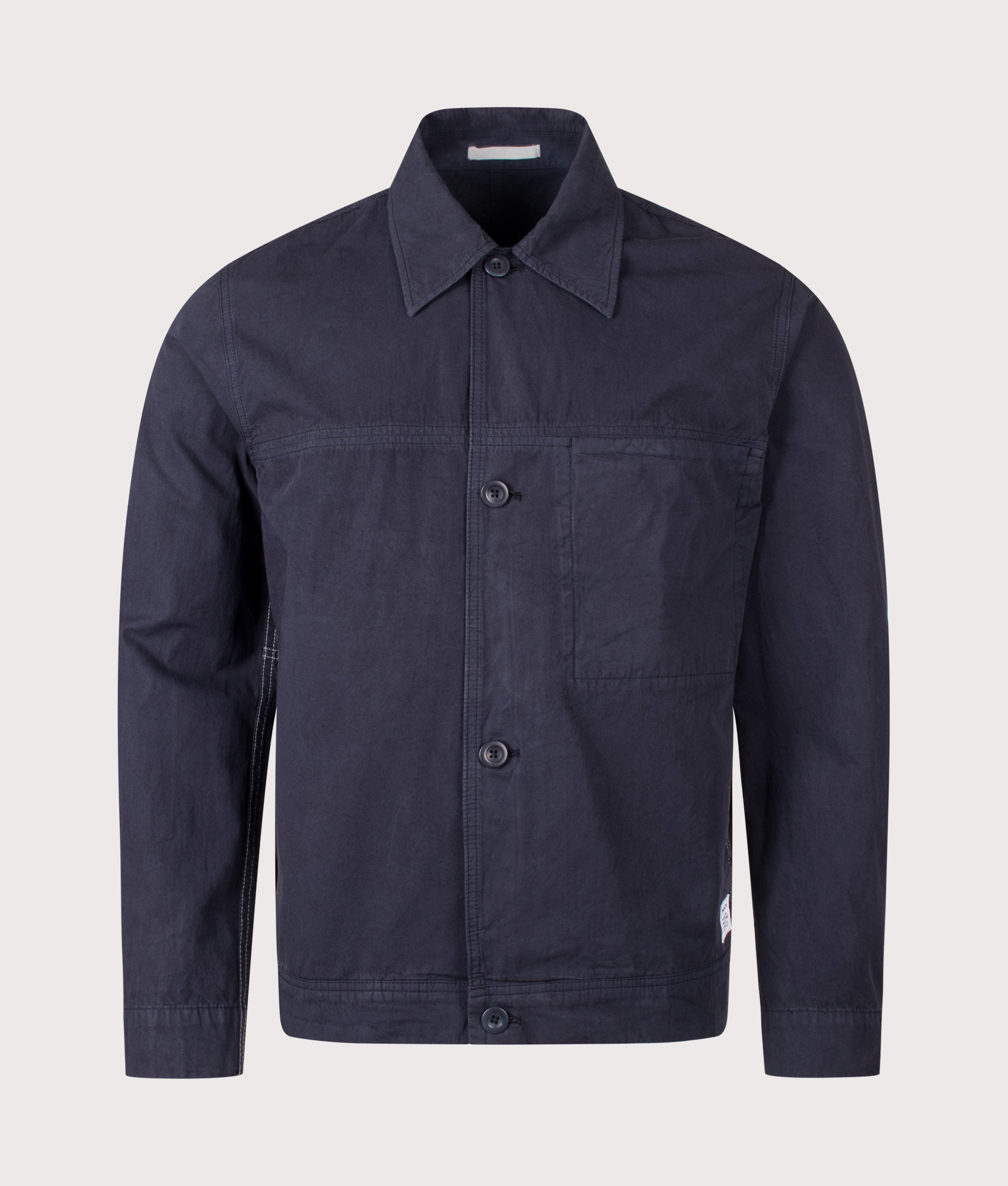 Norse Projects Relaxed Fit Arresskov Compact Cotton Overshirt in Dark Navy at EQVVS Menswear. Front shot.