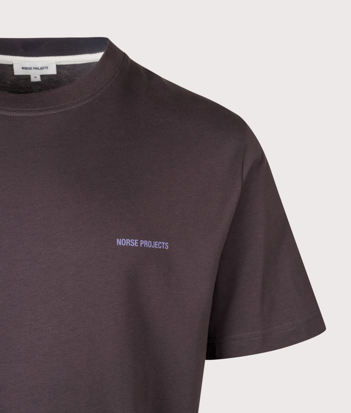 Norse Projects Regular Fit Dyrehaven Organic Logo Print T-Shirt in Darkest Purple at EQVVS Menswear. Detail shot.