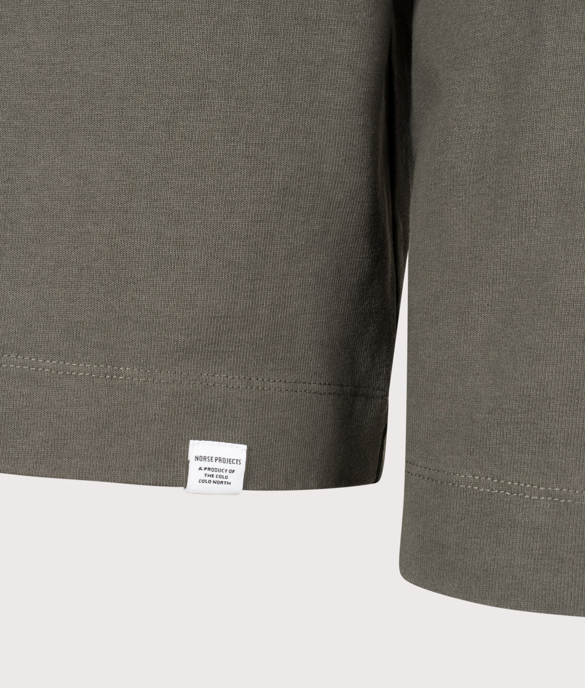 Norse Projects Relaxed Fit Isefjord Compact Long Sleeve T-Shirt in Beluga at EQVVS Menswear. Detail shot.