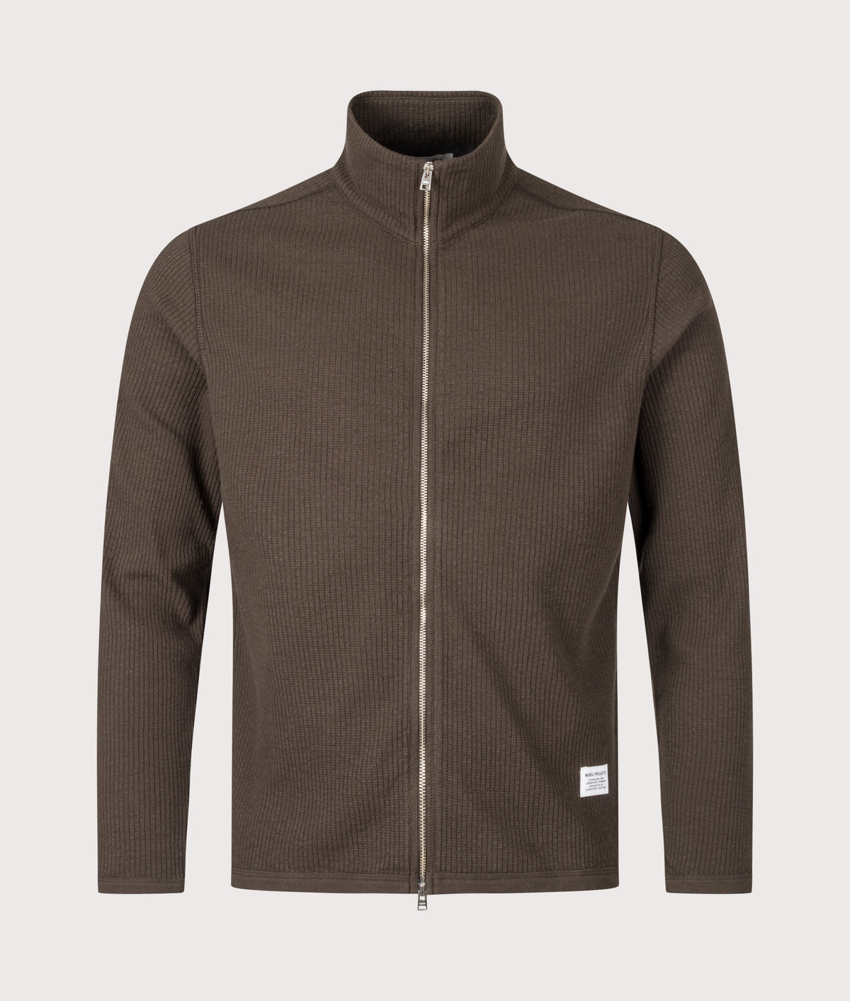 Norse Projects Relaxed Fit Military Rib Zip Through Cardigan in Delicioso Brown at EQVVS Menswear. Front shot.