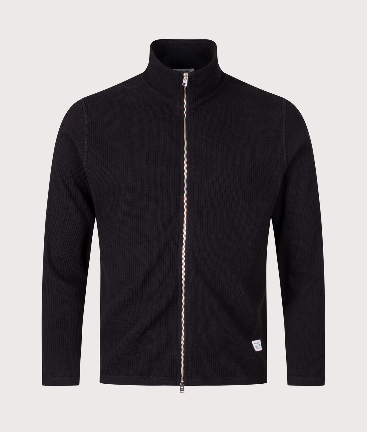 Norse Projects Relaxed Fit Military Rib Zip Through Cardigan in Black at EQVVS Menswear. Front shot.