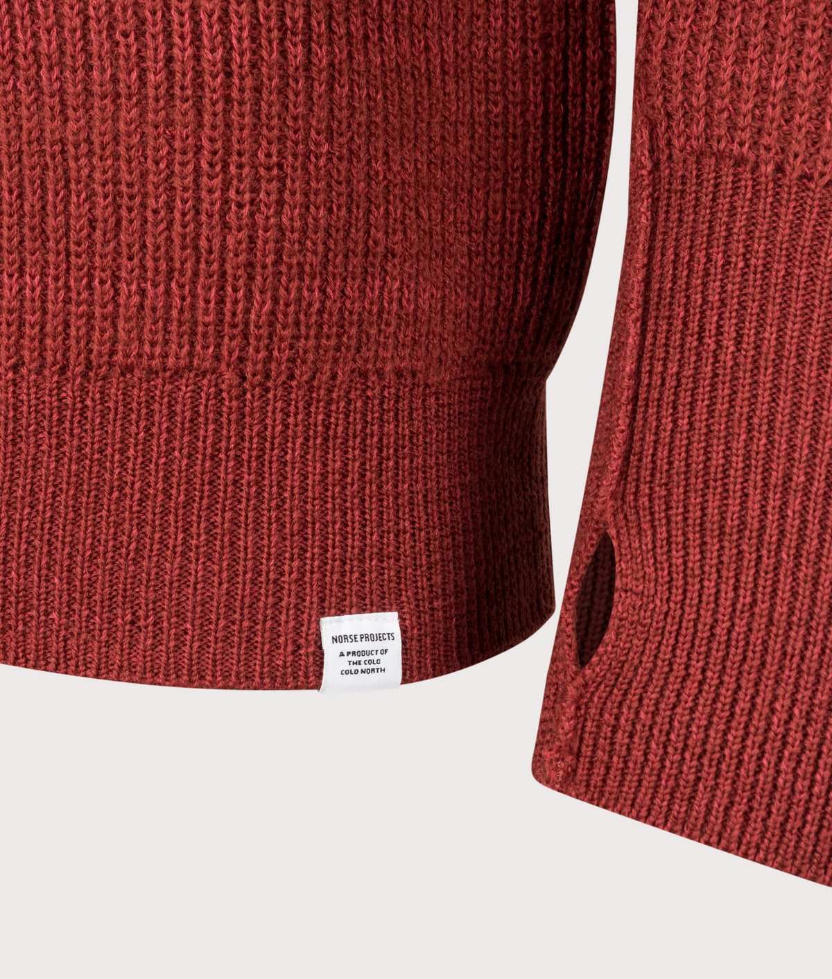 Norse Projects Henning Cotton Wool Rib Knit Jumper in Cowhide at EQVVS Menswear. Detail shot.