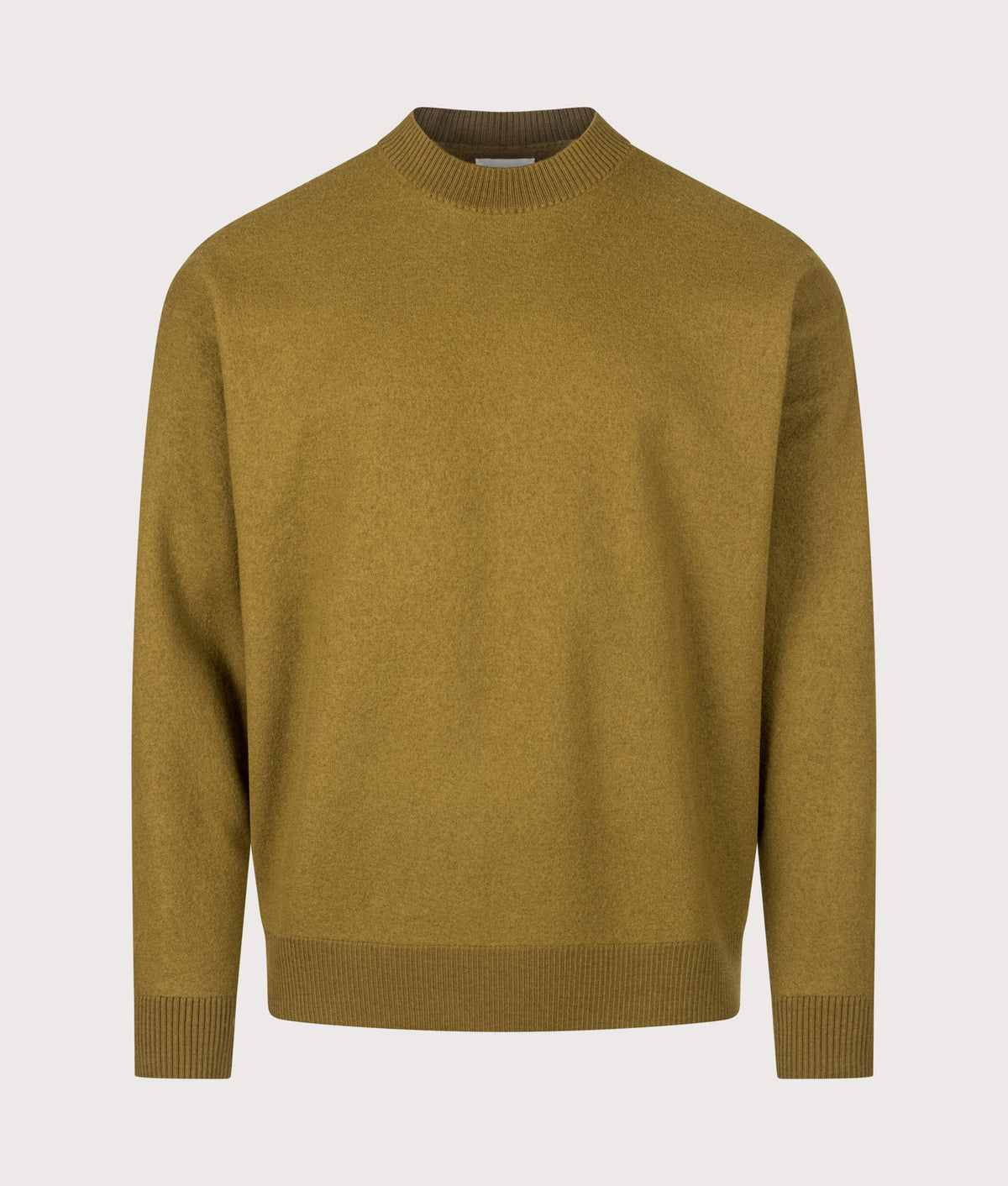 Norse Projects Relaxed Fit Kragholm Boiled Wool Knit Jumper in Butternut at EQVVS Menswear. Front shot.