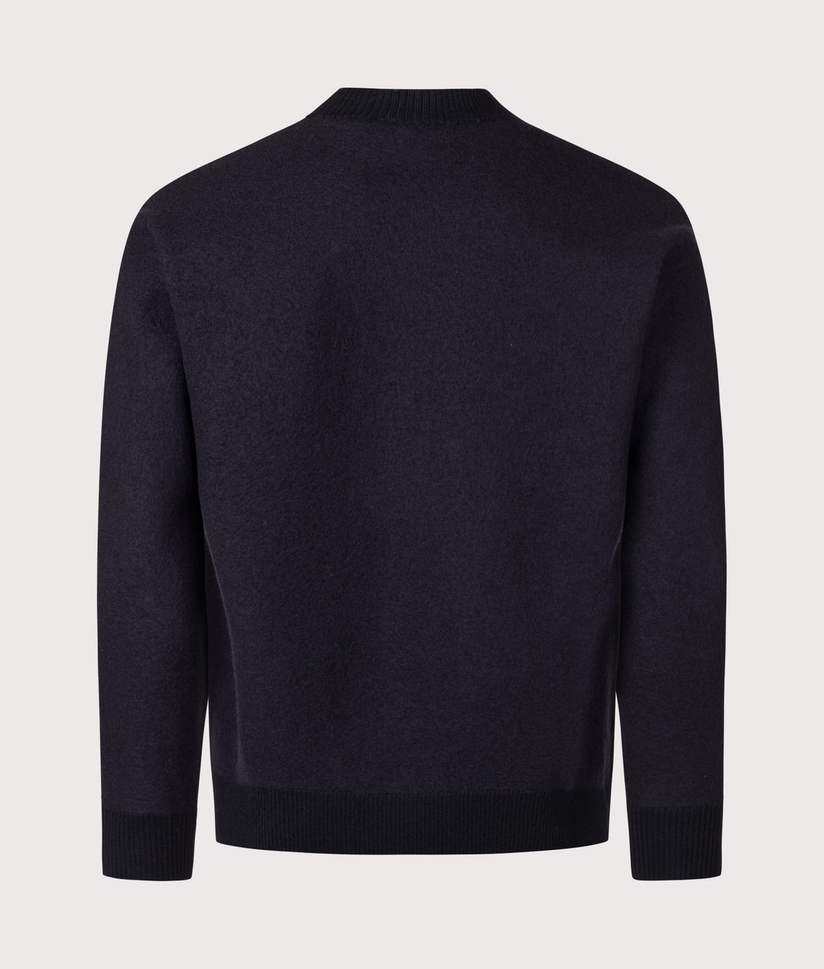 Norse Projects Relaxed Fit Kragholm Boiled Wool Knit Jumper in Dark Navy at EQVVS Menswear. Back shot.
