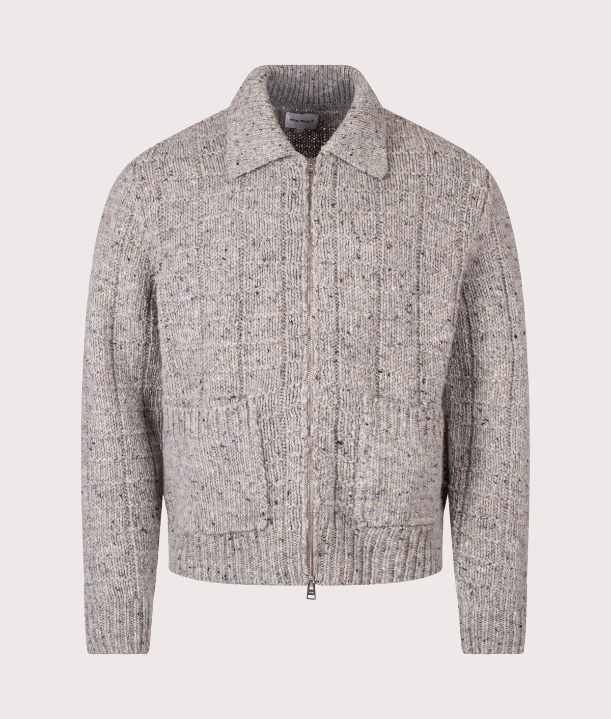 Norse Projects Relaxed Fit Aldrup Donegal Square Knitted Cardigan in Light Grey Melange at EQVVS Menswear. Front shot.