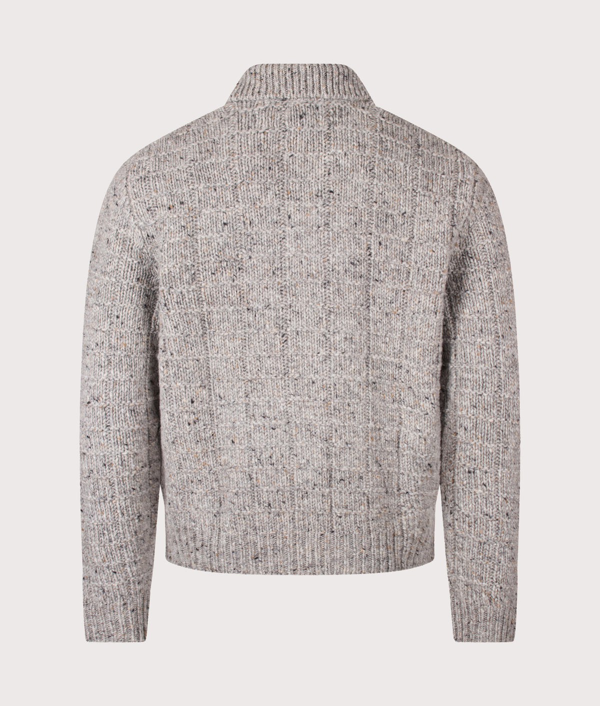 Norse Projects Relaxed Fit Aldrup Donegal Square Knitted Cardigan in Light Grey Melange at EQVVS Menswear. Back shot.