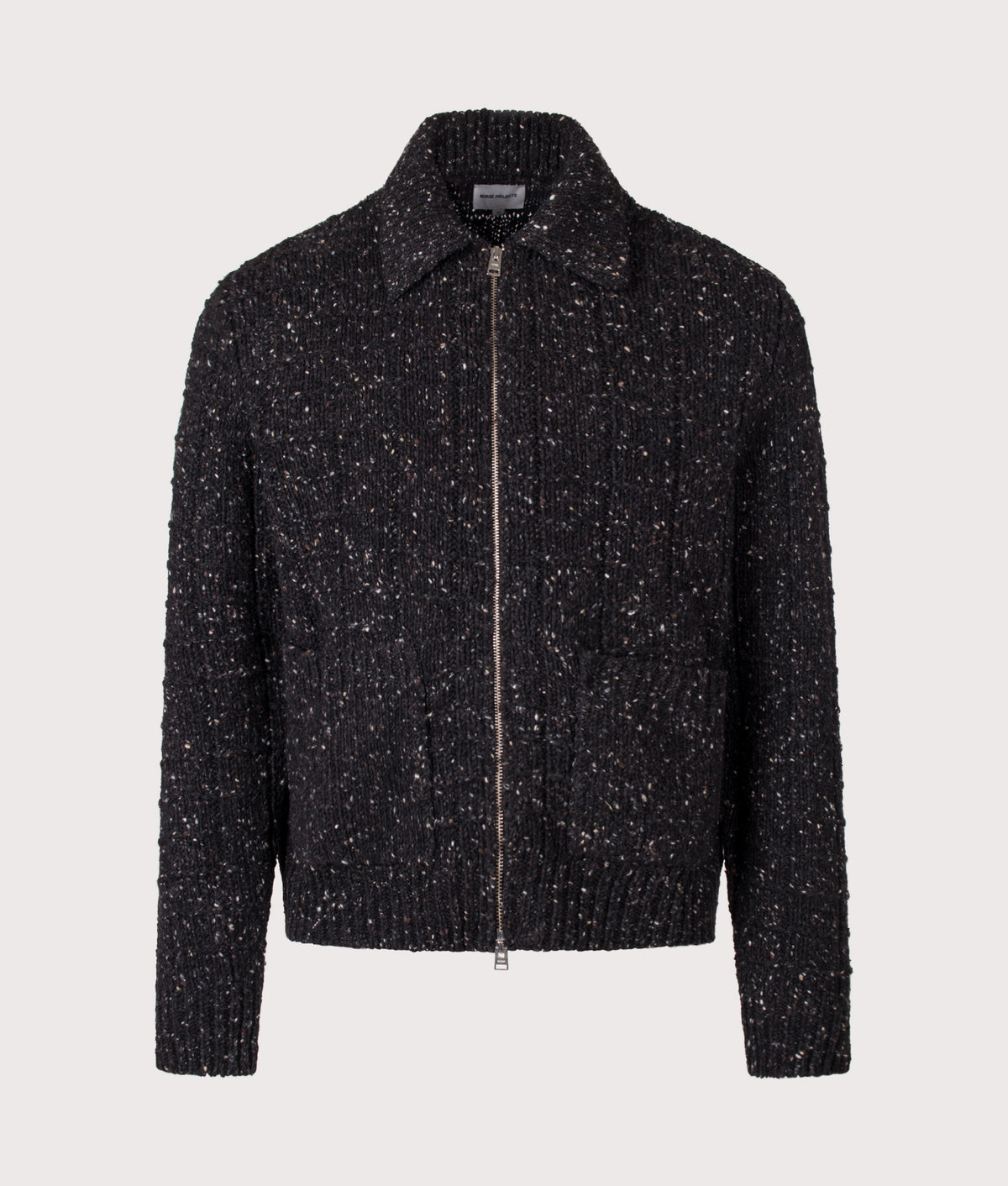 Norse Projects Relaxed Fit Aldrup Donegal Square Knitted Cardigan in Charcoal Melange at EQVVS Menswear. Front shot.