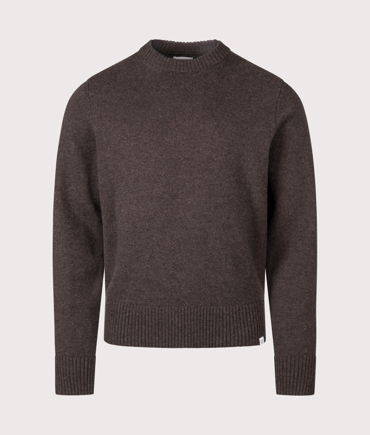 Norse Projects, the Stensmark Merino Lambswool Knit Jumper in Heathland Brown at EQVVS Menswear. Front shot.
