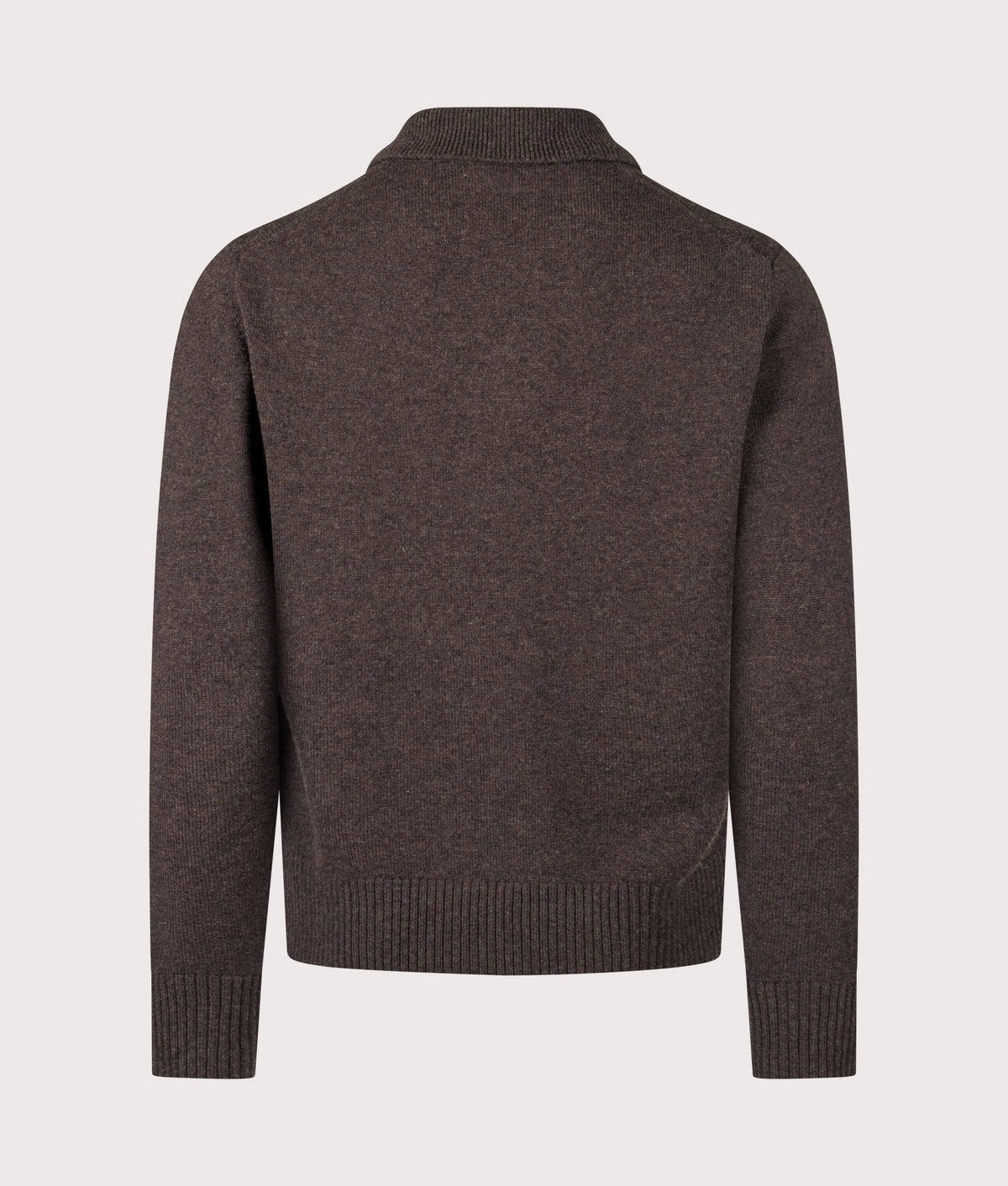 Norse Projects Relaxed Fit Ristinge Long Sleeve Merino Knitted Polo Shirt in the Heathland Brown at EQVVS Menswear. Back shot.