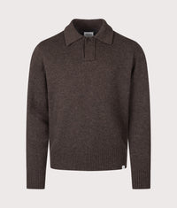 Relaxed Fit Ristinge Long Sleeve Merino Knitted Polo Shirt: 2040 Heathland Brown 