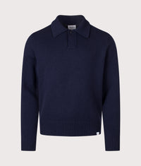Relaxed Fit Ristinge Long Sleeve Merino Knitted Polo Shirt: 7004 Dark Navy 