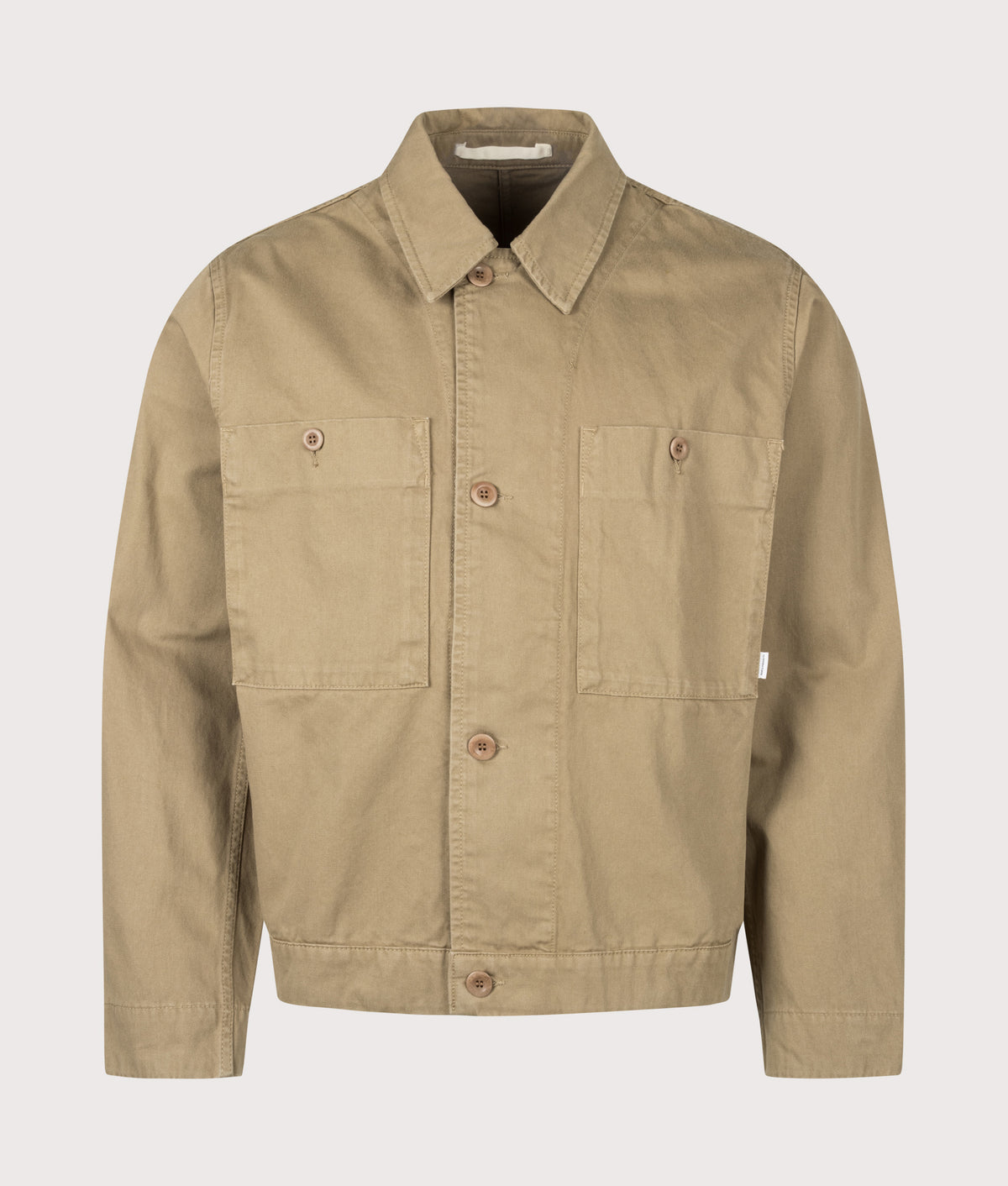 Norse Projects Relaxed Fit Arresskov Broken Twill Overshirt in Lead Grey at EQVVS Menswear. Front shot.