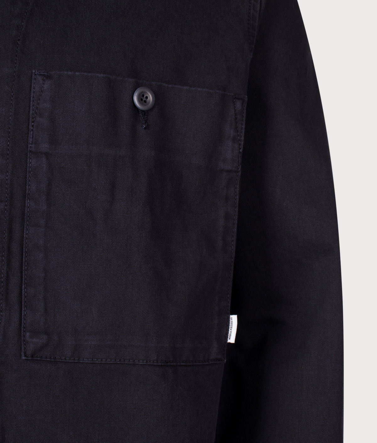 Norse Projects Relaxed Fit Arresskov Broken Twill Overshirt in Dark Navy at EQVVS Menswear. Detail shot.