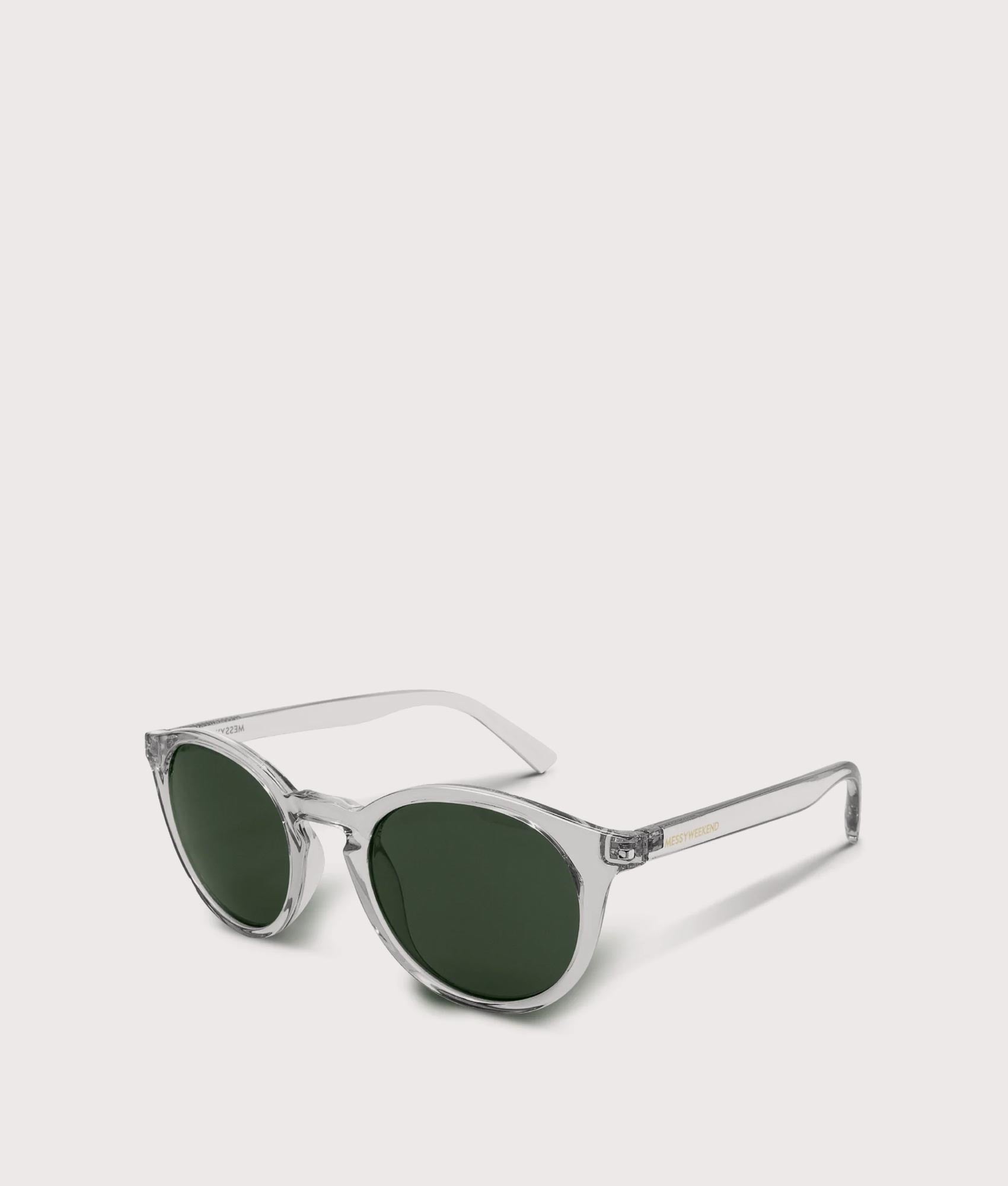 MESSYWEEKEND Hobbes sunglasses  in Crystal - Green Lens at EQVVS Menswear. Angled front shot.